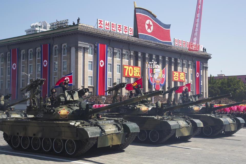 North Korean tanks roll past during a parade for the 70th anniversary of North Korea's founding day in Pyongyang, North Korea, Sunday, Sept. 9, 2018. North Korea staged a major military parade, huge rallies and will revive its iconic mass games on Sunday to mark its 70th anniversary as a nation. (AP Photo/Ng Han Guan)