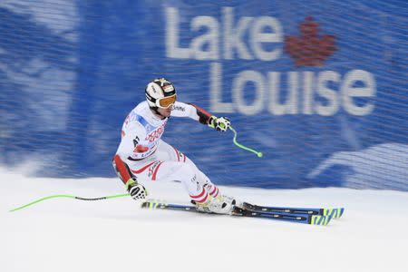 Nov 24, 2017; Lake Louise, Alberta, CAN; Hannes Reichelt of Austria during men's downhill training for the FIS alpine skiing World Cup at Lake Louise Ski Resort. Mandatory Credit: Eric Bolte-USA TODAY Sports