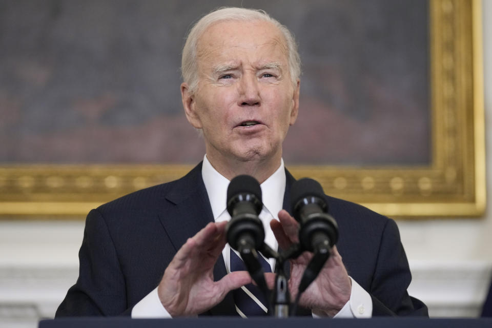 President Joe Biden speaks in the State Dining Room of the White House, Saturday, Oct. 7, 2023, in Washington, after the militant Hamas rulers of the Gaza Strip carried out an unprecedented, multi-front attack on Israel at daybreak Saturday. Thousands of rockets were fired as dozens of Hamas fighters infiltrated the heavily fortified border in several locations by air, land, and sea and catching the country off-guard on a major holiday. (AP Photo/Manuel Balce Ceneta)