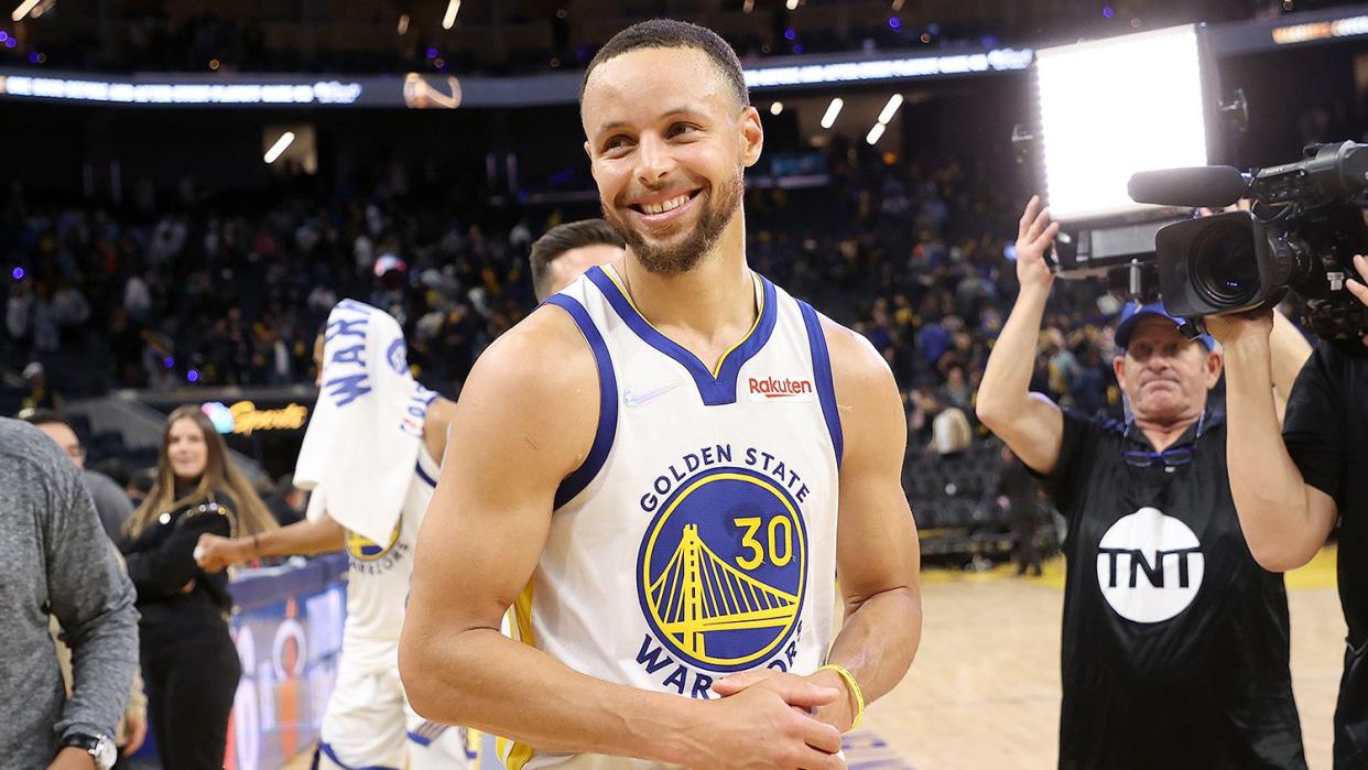 Stephen Curry #30 of the Golden State Warriors looks on and smiles after the game against the Memphis Grizzlies during Game 4 of the 2022 NBA Playoffs Western Conference Semifinals on May 9, 2022 at Chase Center in San Francisco, California