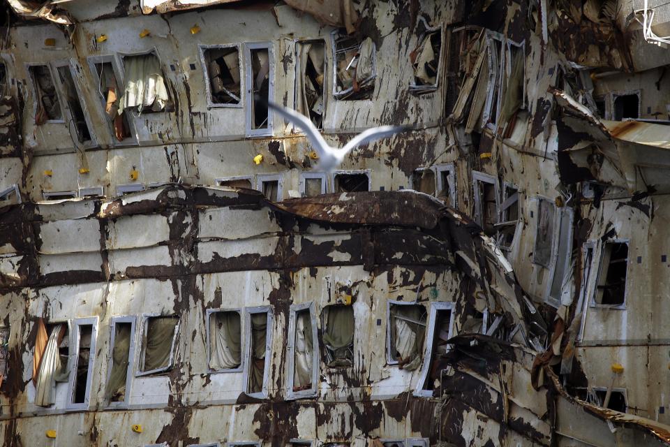 A seagull flies in front of the wrecked side the Costa Concordia cruise ship, off the coast of the Tuscan Island of Giglio, Italy, Monday, Jan. 13, 2014. Survivors of the capsized Costa Concordia are commemorating the second anniversary of the grounding off Tuscany that killed 32 people. The Concordia slammed into a reef off Giglio when the captain took it off course in an apparent stunt to bring it closer to the island. With a 70-meter (230-foot) gash in its hull, the ship listed for an hour and finally capsized off Giglio's port. (AP Photo/Gregorio Borgia)