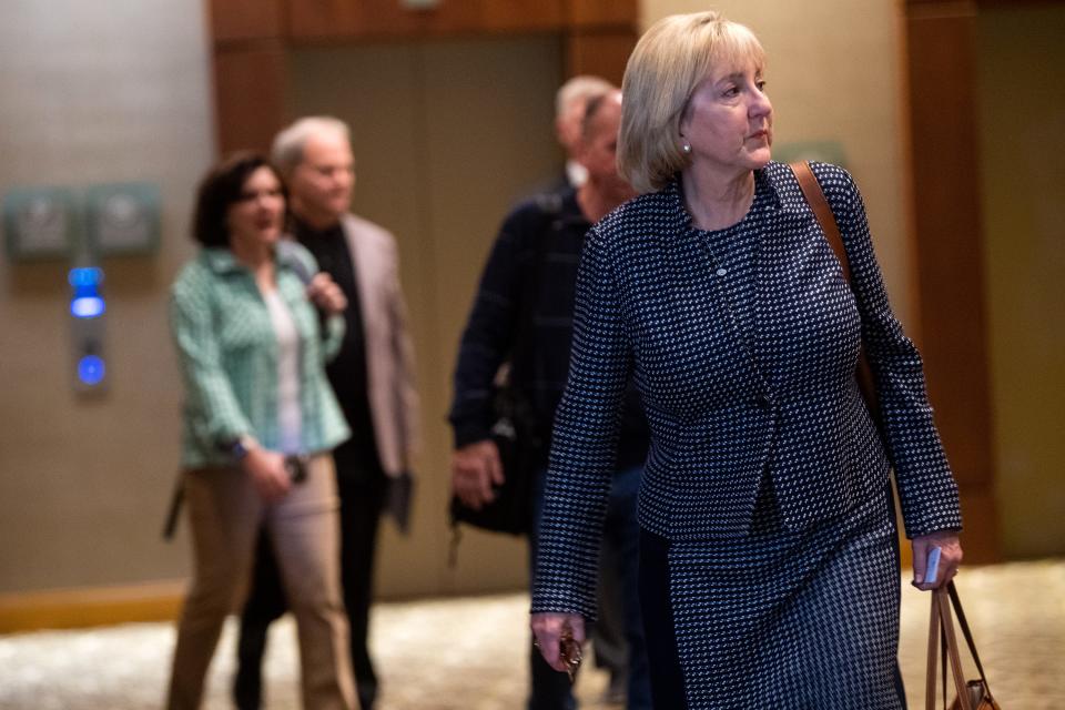 University of Tennessee Chancellor Donde Plowman walks inside the Westin Cincinnati before an infractions hearing with the NCAA on Wednesday, April 19, 2023.  