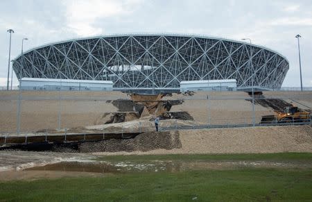 A view shows a landslide, caused by heavy rain, near the Volgograd Arena in Volgograd, a host city for the soccer World Cup, Russia July 15, 2018. Picture taken July 15, 2018. REUTERS/Stringer