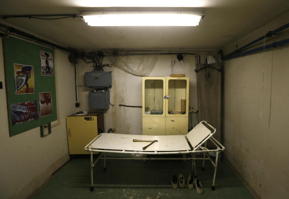 A provisional hospital is placed as part of an installation at the nuclear shelter from Cold War era at five star Jalta Hotel in downtown Prague, Czech Republic, Wednesday, Dec. 4, 2013. To mark the 55th anniversary, the hotel began to turn the bunker into an Iron Curtain museum whose first part was opened to the public in Nov. 2013. (AP Photo/Petr David Josek)