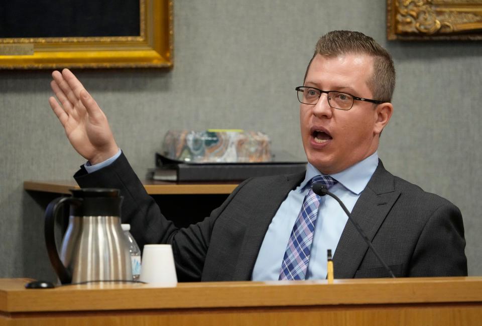 Forensic engineering expert Henry Mowry testifies in the murder trial of Austin police officer Christopher Taylor at the Blackwell-Thurman Criminal Justice Center on Monday November 6, 2023. Taylor is charged with killing of Michael Ramos in 2020.