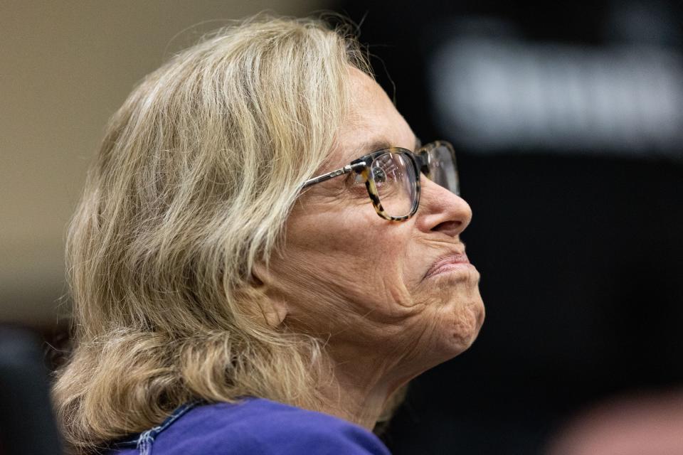 Donna Adelson reacts to statements made about her treatment at the Leon County Jail by LSCO Chief Norman Mack during a motion hearing on Monday, Dec. 11, 2023.