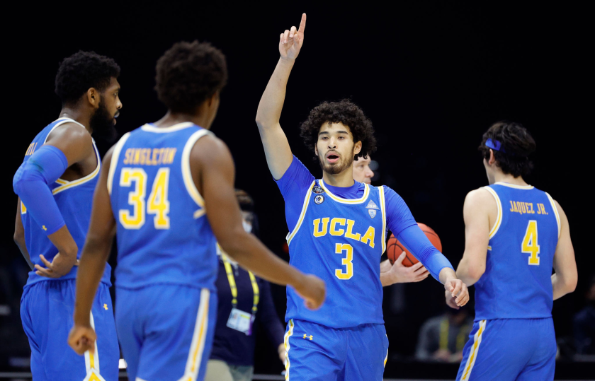 INDIANAPOLIS, INDIANA - APRIL 03: Johnny Juzang #3 of the UCLA Bruins reacts in the second half against the Gonzaga Bulldogs.