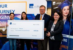 Representatives of CDI College present $500K cheque to Indspire CEO Mike DeGagné and VP Cindy Ball.