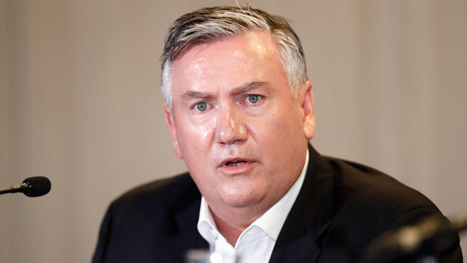 Pictured here, Eddie McGuire fronts media to address racism findings against Collingwood.