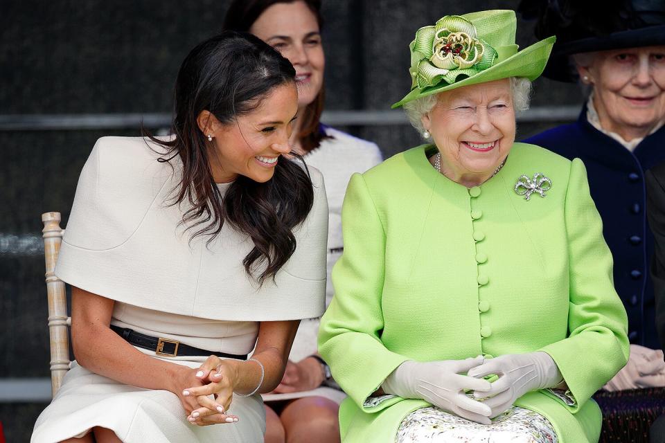Meghan, Duchess of Sussex and Queen Elizabeth II attend a ceremony to open the new Mersey Gateway Bridge on June 14, 2018 in Widnes, England.