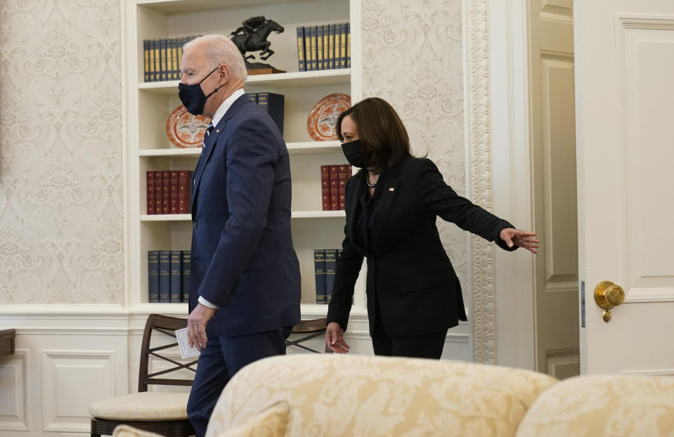 President Joe Biden and Vice President Kamala Harris, arrive at the Oval Office of the White House, Thursday, March 11, 2021, in Washington. (AP Photo/Andrew Harnik)