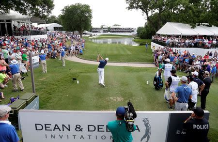 May 29, 2016; Fort Worth, TX, USA; Jordan Spieth tees off on the 13th hole of the final round of the 2016 Dean & Deluca Invitational at Colonial Country Club. Mandatory Credit: Erich Schlegel-USA TODAY Sports