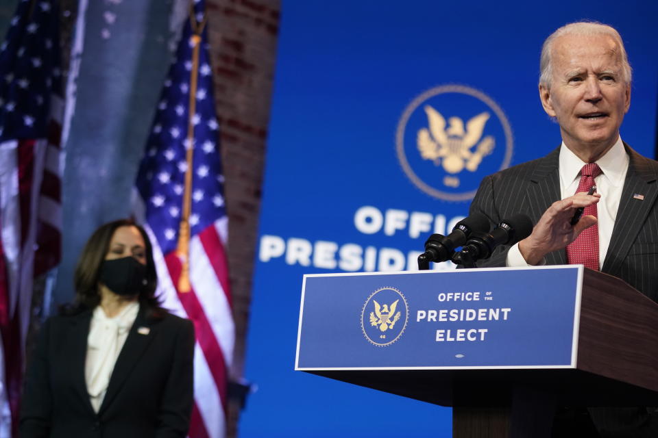 President-elect Joe Biden, accompanied by Vice President-elect Kamala Harris, speaks at The Queen theater, Thursday, Nov. 19, 2020, in Wilmington, Del. (AP Photo/Andrew Harnik)