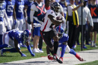 Atlanta Falcons running back Mike Davis (28) is pushed out of bounds on the run against New York Giants free safety Jabrill Peppers (21) during the first half of an NFL football game, Sunday, Sept. 26, 2021, in East Rutherford, N.J. (AP Photo/Seth Wenig)