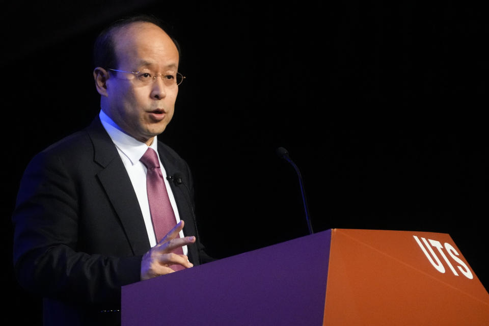 China's Ambassador to Australia, Xiao Qian gestures during his address on the state of relations between Australia and China at the University of Technology in Sydney, Australia, Friday, June 24, 2022.(AP Photo/Mark Baker)