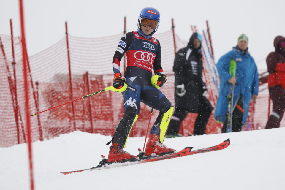 United States' Mikaela Shiffrin looks on after straddling a pole during the first run of an alpine ski, women's World Cup slalom race, in Kranjska Gora, Slovenia, Sunday, Jan. 7, 2024. (AP Photo/Giovanni Maria Pizzato)