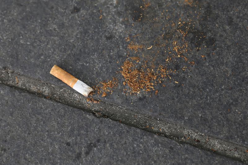 FILE PHOTO: A cigarette butt lies on a street in New York