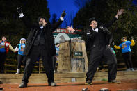 <p>Groundhog Club Inner Circle members Dave Gigliotti and Dan McGinnis welcome a large crowd at Gobbler’s Knob on the 132nd Groundhog Day in Punxsutawney, Pa., Feb. 2, 2018. (Photo: Alan Freed/Reuters) </p>