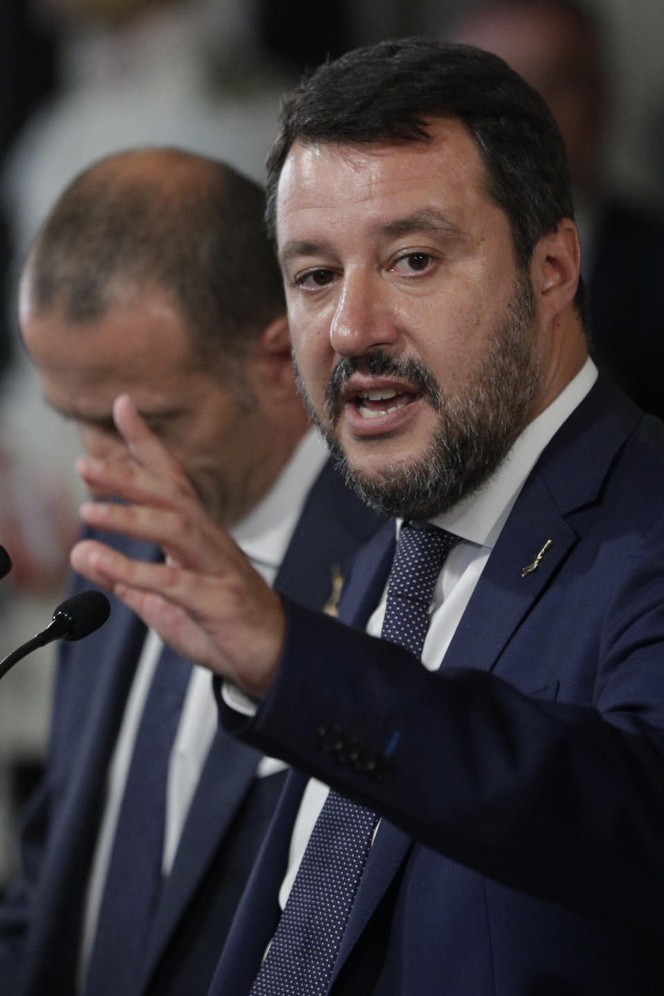 The League party leader Matteo Salvini talks to journalists after meeting with Italian President Sergio Mattarella at Rome's Quirinale presidential palace, Wednesday, Aug. 28, 2019. Mattarella continued receiving political leaders to explore if a solid majority with staying power exists in Parliament for a new government that could win the required confidence vote. (AP Photo/Andrew Medichini)