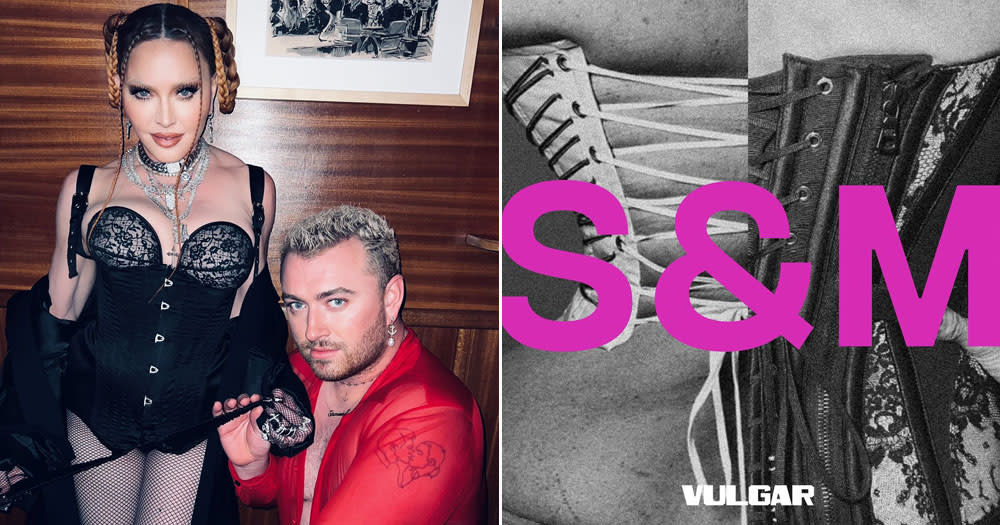 The image is a split screen. On the left is a photograph of signers Madonna and Sam Smith. Madonna is wearing a black corset and Sam is kneeling on one knee in front of her wearing a red suit.