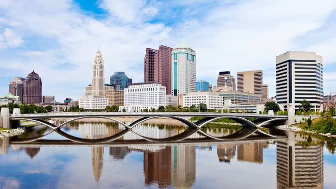 Downtown Columbus, Ohio On A Sunny Summer Day With Reflection In The River.