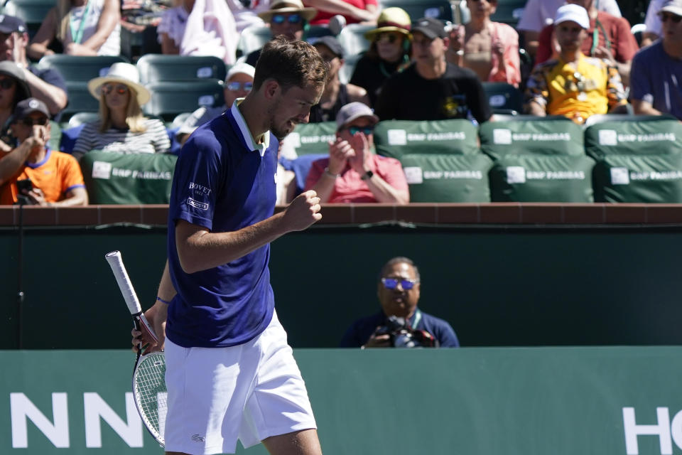 Daniil Medvedev, of Russia, reacts after a shot to Tomas Machac, of the Czech Republic, at the BNP Paribas Open tennis tournament Saturday, March 12, 2022, in Indian Wells, Calif. (AP Photo/Marcio Jose Sanchez)