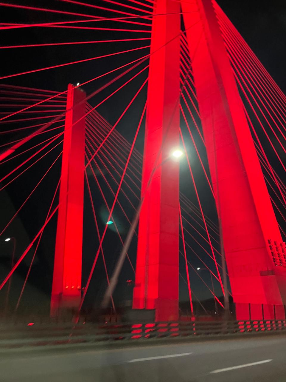 The Gov. Mario Cuomo Bridge was illuminated by red lights for Red Ribbon Week for drug prevention awareness Oct. 23, 2023.
