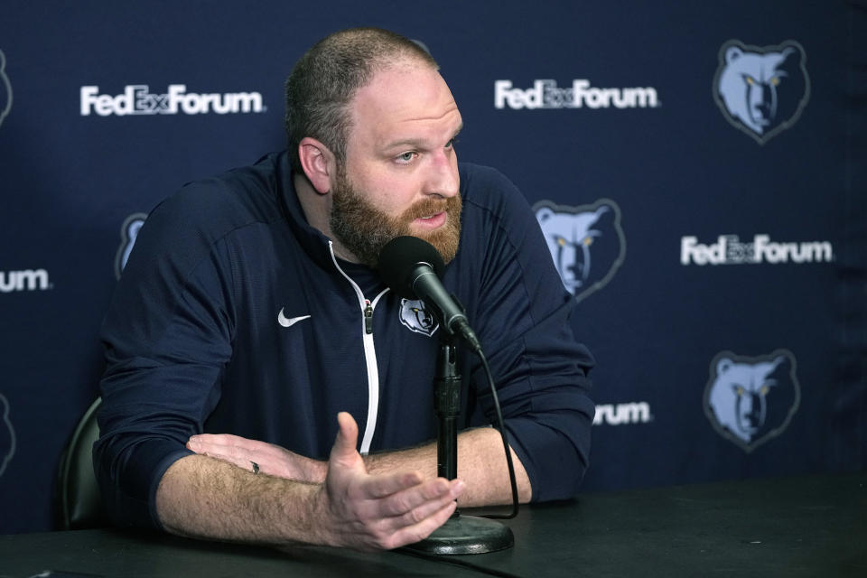 Memphis Grizzlies head coach Taylor Jenkins speaks about about Ja Morant during a news conference prior to an NBA basketball game against the Los Angeles Clippers Sunday, March 5, 2023, in Los Angeles. Morant is promising to get help after livestreaming himself holding what appeared to be a gun at a nightclub. (AP Photo/Mark J. Terrill)