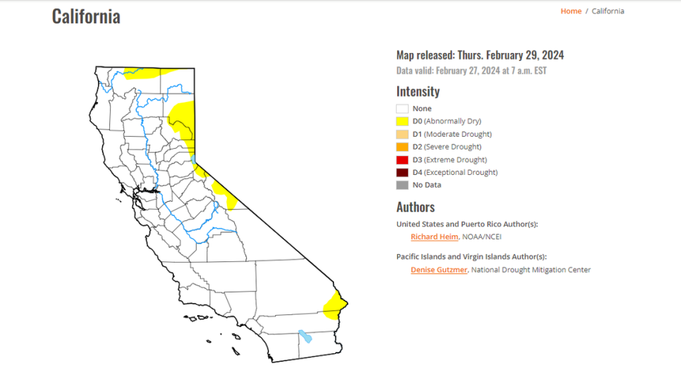 The U.S. Drought Monitor reported roughly 7% of California had “abnormally dry” conditions as of Thursday, Feb. 29, 2024.