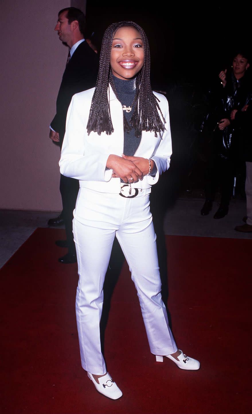 <p>Brandy's white loafers featured horsebit detailing at a pre-Grammys party in Beverly Hills, and her mostly-white ensemble showed dedication to a monochromatic colour scheme. </p>