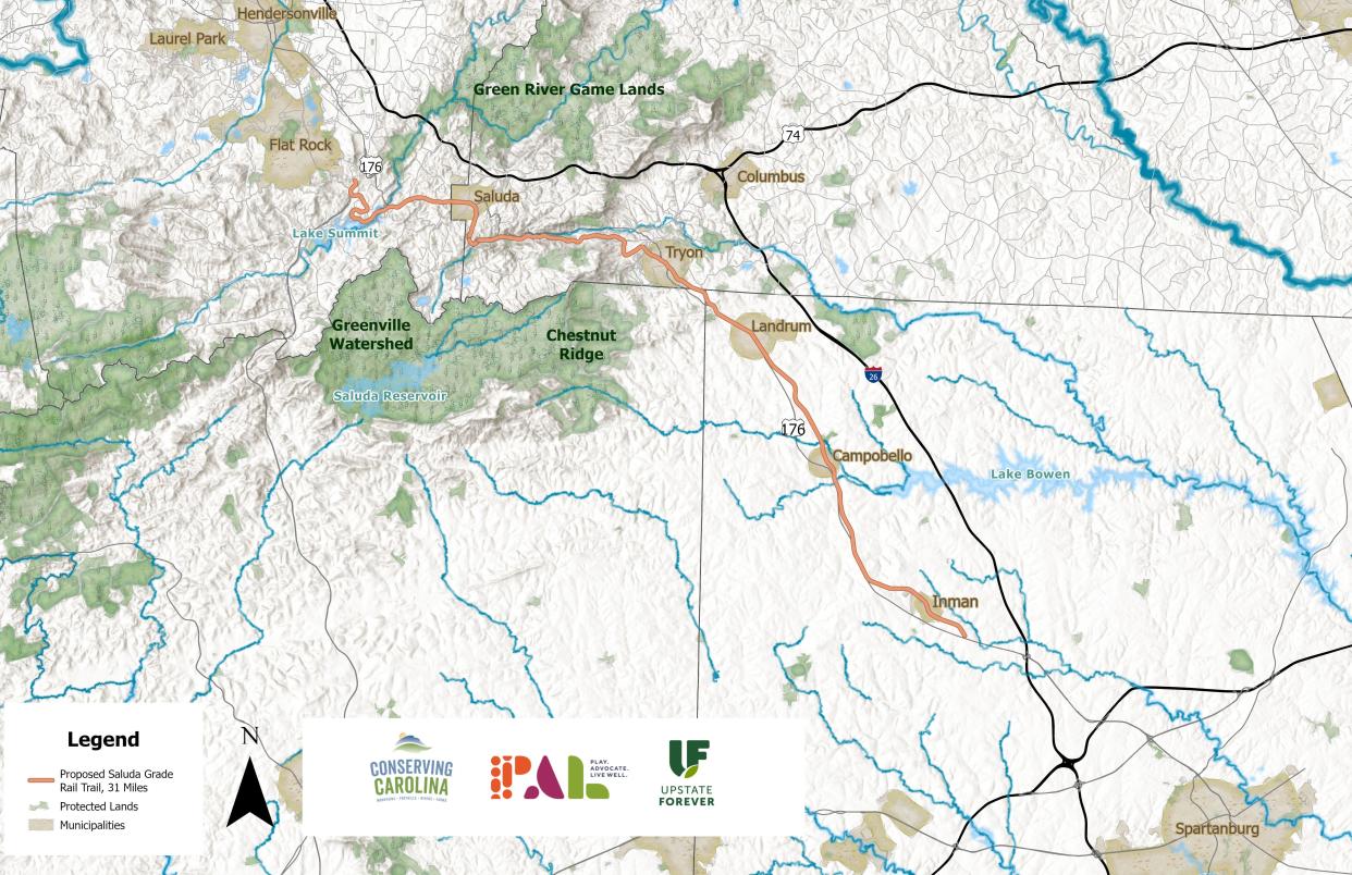 The planned 31-mile Saluda Grade Trail will run from Inman to Zirconia in North Carolina.