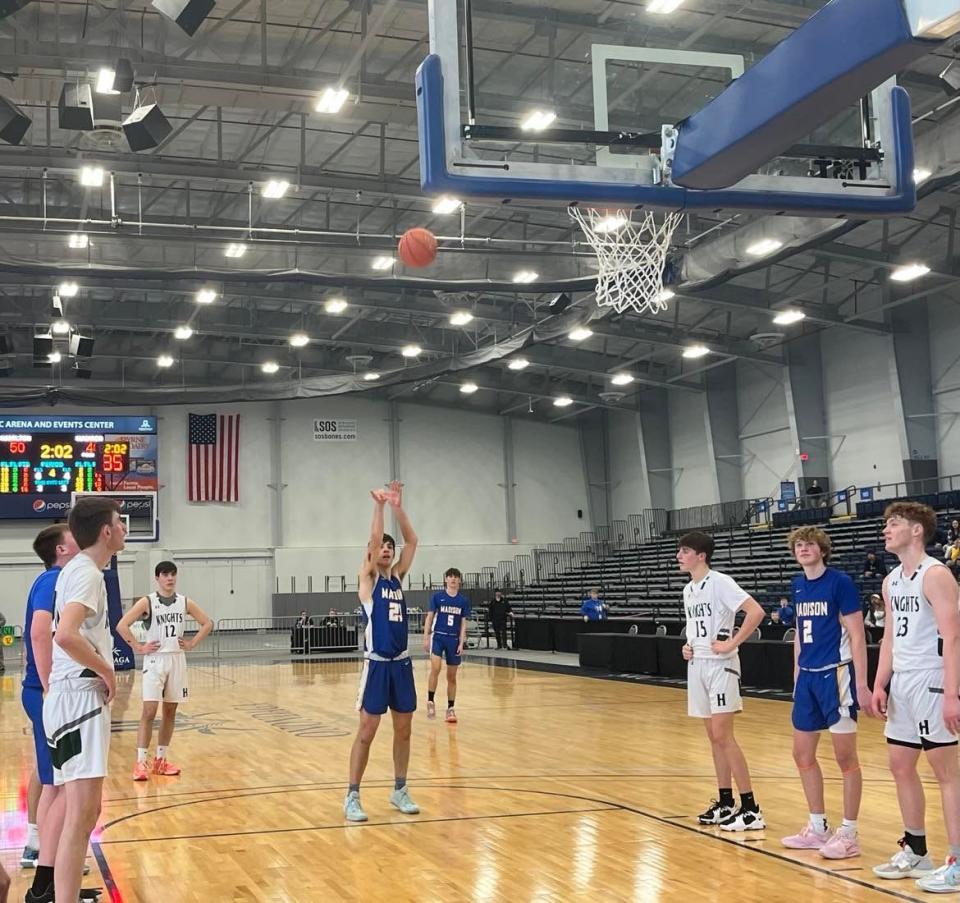 Madison's Ethan Rivers shoots a free throw in the Blue Devils 52-42 loss to Hamilton in the Section III Class D semifinal at SRC Arena in Syracuse on February 25, 2022.