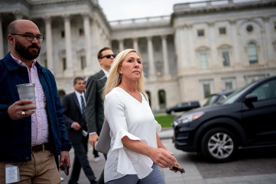 Rep. Marjorie Taylor Greene, R-Ga., departs Capitol Hill following a vote on April 19, 2024 in Washington, DC.