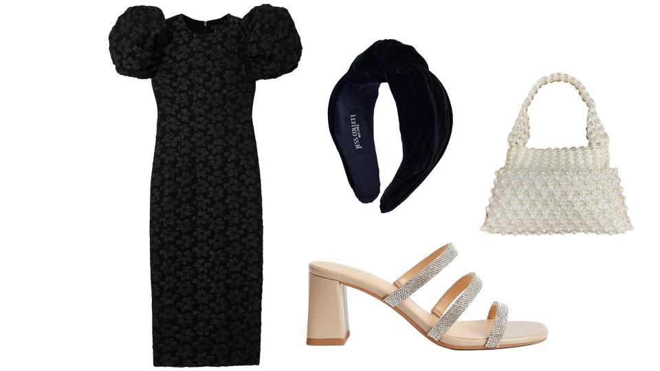 Rotate Birger Christensen recycled-cloqué dress, £300, Net-a-Porter; Velvet hairband, £385, Jess Collett; Beaded bag, £350, Shrimps; Sparkle mules, £35, M&S