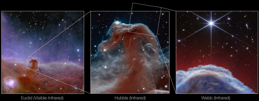 The “mane” of the Horsehead Nebula is shown here imaged by Webb’s MIRI instrument. The mid-infrared light captured by MIRI reveals substances like dusty silicates and soot-like molecules called polycyclic aromatic hydrocarbons. Credit: ESA/Euclid/Euclid Consortium/NASA, image processing by J.-C. Cuillandre (CEA Paris-Saclay), G. Anselmi, NASA, ESA, and the Hubble Heritage Team (AURA/STScI), ESA/Webb, CSA, K. Misselt (University of Arizona), M. Zamani (ESA/Webb)