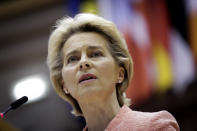 European Commission President Ursula von der Leyen addresses the plenary during her first State of the Union speech at the European Parliament in Brussels, Wednesday, Sept. 16, 2020. European Commission President Ursula von der Leyen will set out her vision of the future in her first State of the European Union address to the EU legislators. Weakened by the COVID-19 pandemic and the departure of the United Kingdom, she will center her speech on how the bloc should adapt to the challenges of the future, including global warming, the switch to a digital economy and immigration. (Olivier Hoslet, Pool via AP)