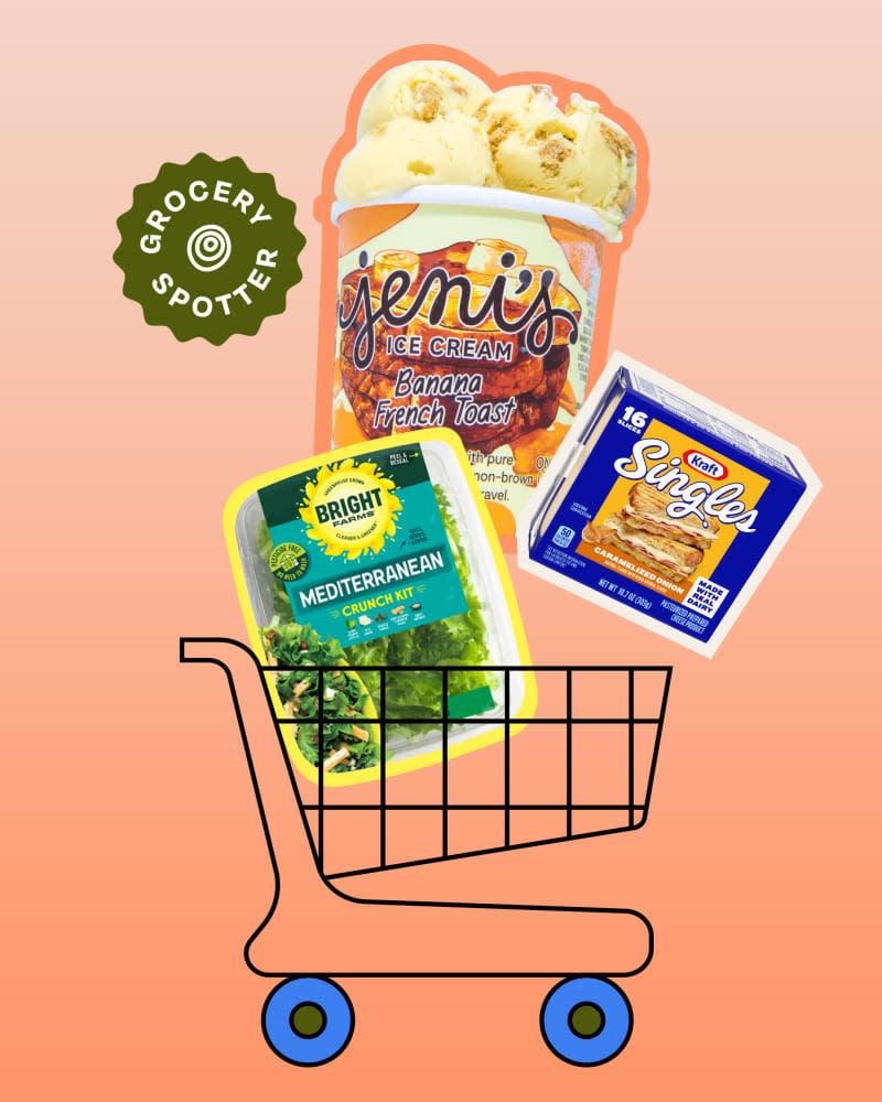 Graphic collage of three new grocery products piling up into a grocery cart