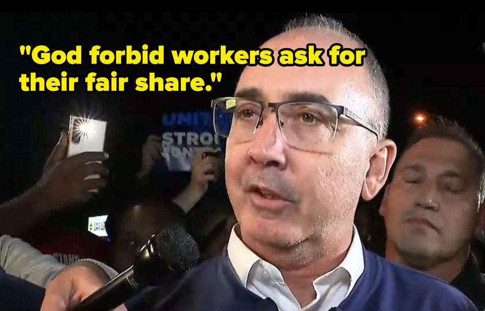UAW president Shawn Fain speaking to reporters with quote "God forbid workers ask for their fair share"