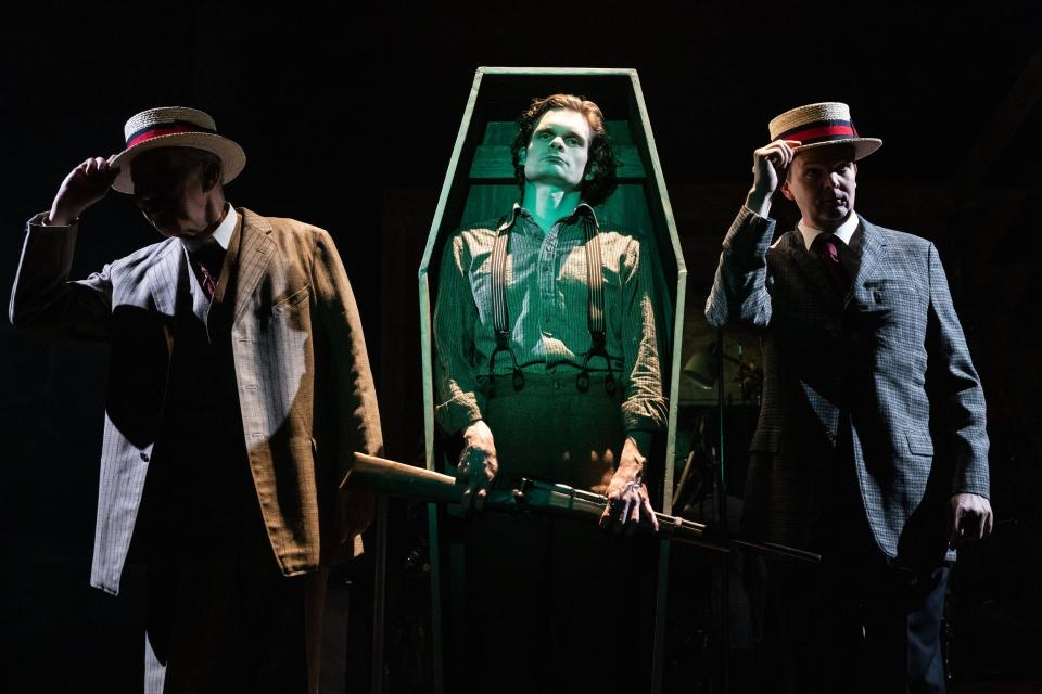 From left, Thom Sesma, Andrew Durand and Dashiell Eaves appear in the Off-Broadway world-premiere musical "Dead Outlaw," based on the true story of a early 20th-century outlaw-turned-mummy who robbed, died and eventually was buried in Oklahoma.