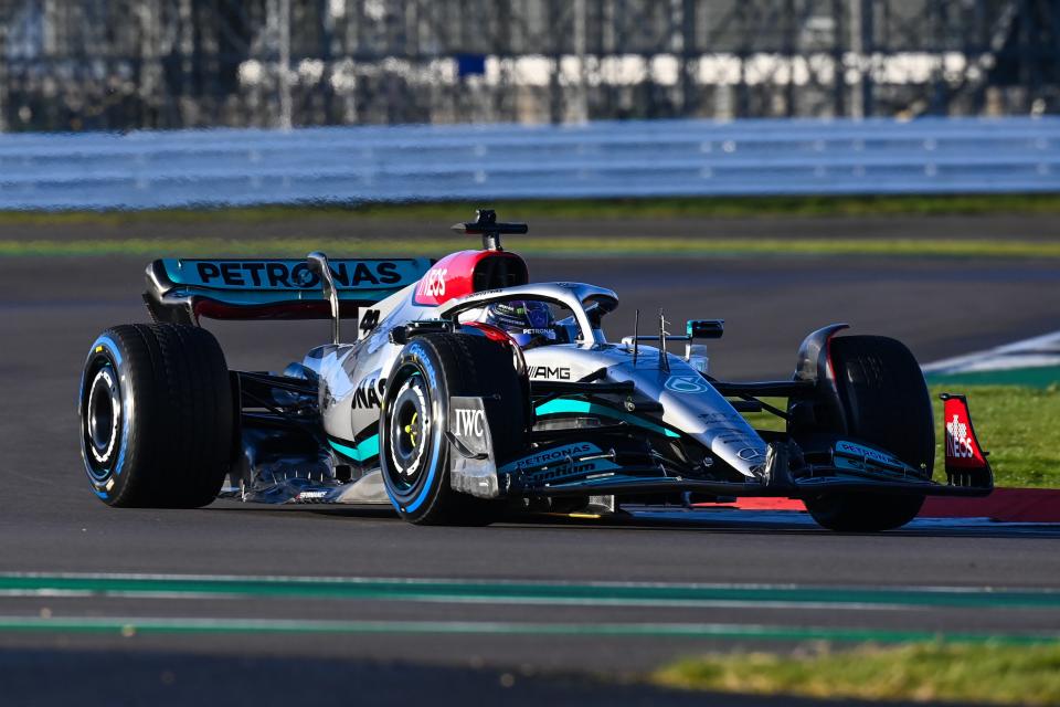 Mercedes-AMG test out their new W13 car at Silverstone (PA)