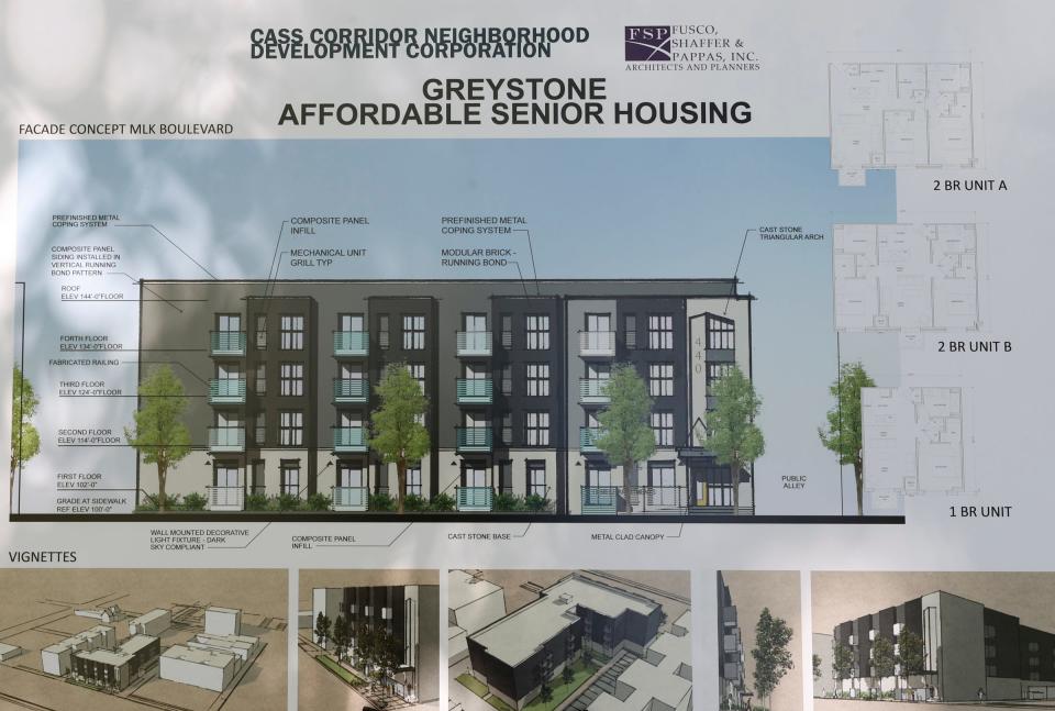 A rendering of the Greystone affordable senior housing complex that was talked about during a press conference in Detroit on Thursday, June 23, 2022.