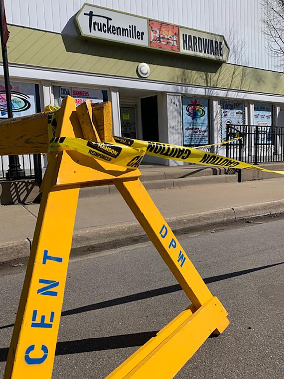 The sidewalk in front of the former Truckenmiller Hardware building in downtown Centreville was blocked off for a while last month after exterior portions of the building detached and fell. Village officials are optimistic the current owner can secure a buyer to fix up the property.