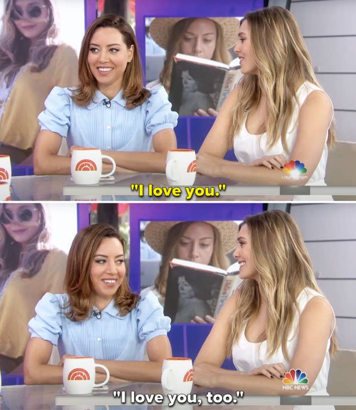 Closeup of Aubrey Plaza and Elizabeth Olsen telling each other "I love you" during a press interview