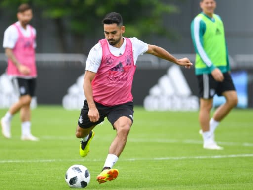 Germany's midfielder Ilkay Gundogan prepares to kick the ball during a training session in Vatutinki, near Moscow, on June 13, 2018, ahead of the Russia 2018 World Cup football tournament