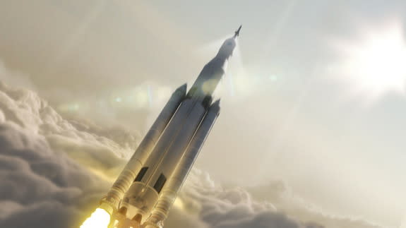 This artist's concept depicts NASA’s Space Launch System (SLS) in 70-metric-ton configuration as it lifts off into space.