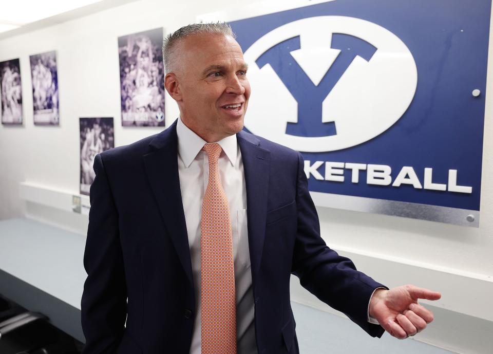 BYU President Shane Reese talks with media after being announced as university’s new president on March 21, 2023.