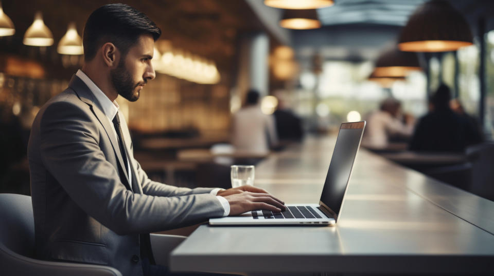 An employee of the company using the latest technology solutions on their laptop.