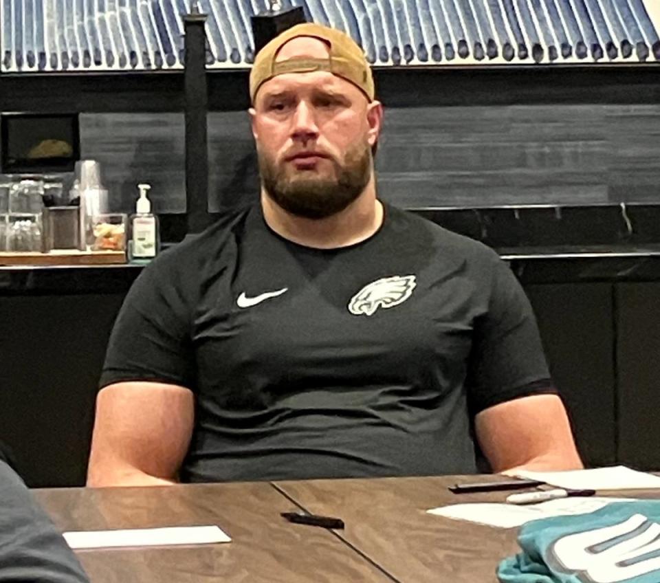 Philadelphia Eagles offensive lineman Lane Johnson met Sunday with three KC-area Gold Star families. He listened to and encouraged the family members and presented them with tickets to an NFL game.