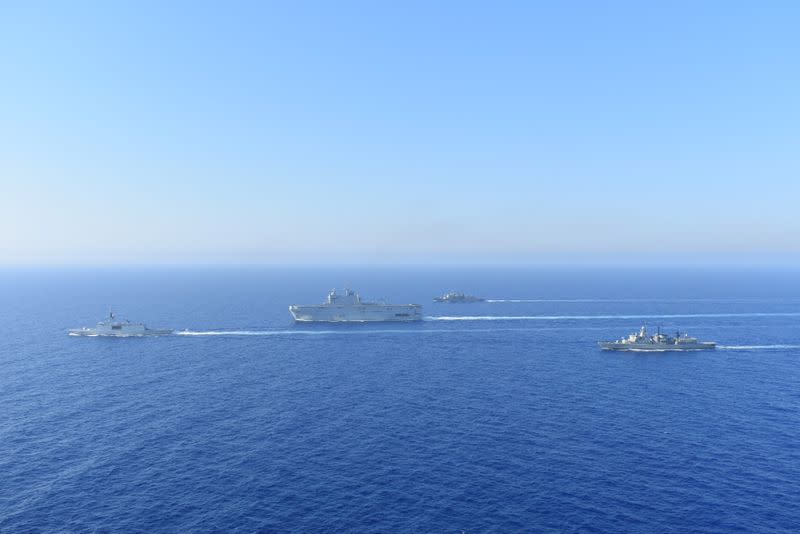 Greek and French vessels sail in formation during a joint military exercise in Mediterranean sea