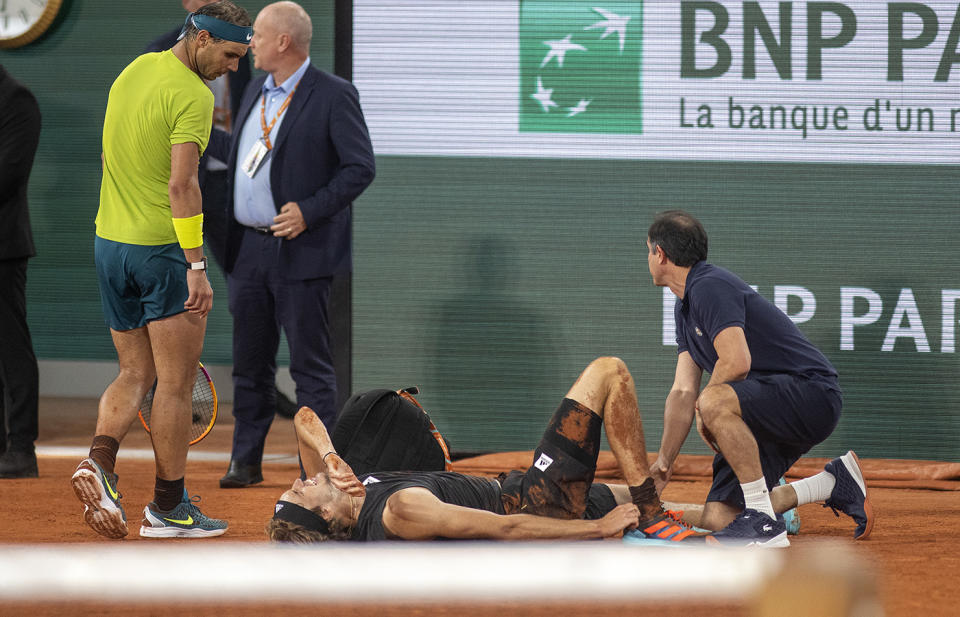 Rafa Nadal, pictured here checking on Alexander Zverev after the horror injury.